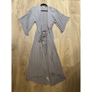 Eberjey Women's Size S Gray Cotton Longline Wrap Robe Flutter Sleeve $130 EUC